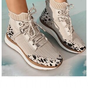 OTBT Cream and Black Sneakers with Leopard Print